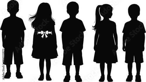 Group of Five Children Silhouettes Standing Together in a Row Boys and Girls Kids Childhood Education and Diversity Vector Illustration