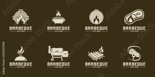 Retro-style BBQ logo set with classic grill tools, fire, and smoke illustrations. Ideal for steakhouse branding, grill shops, and outdoor cooking businesses.