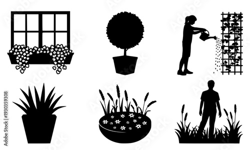  Black silhouette set of gardening scenes featuring people, plants, flowers, and tools, perfect for garden, nature, landscaping, and outdoor-themed logo, icon, and graphic design projects