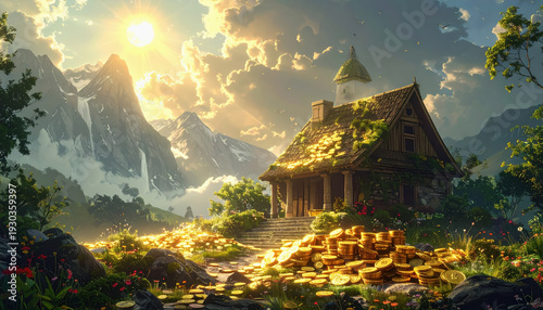 Magical Mountain Landscape with Rustic Cottage and Piles of Gold Coins