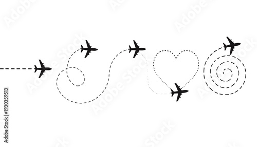 "A clean, minimalist vector illustration set on a plain white background featuring several black airplane silhouettes. Each airplane is shown at the end of a different dashed or dotted flight path lin