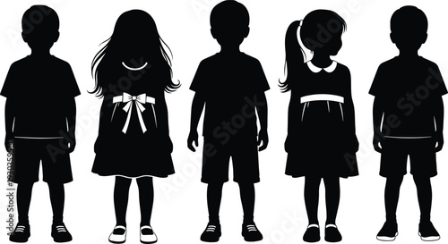 Group of five diverse children silhouettes standing in a row wearing casual clothes and dresses for school and childhood concepts