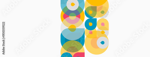 Colorful overlapping circles create abstract pattern. Bright hues blend, forming dynamic visual texture. Simple shapes suggest playful composition.