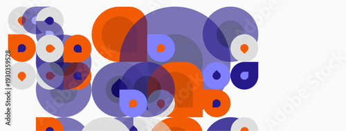Abstract composition featuring overlapping circles. Orange, lavender, blue hues create dynamic visual texture. Simple shapes, modern design.