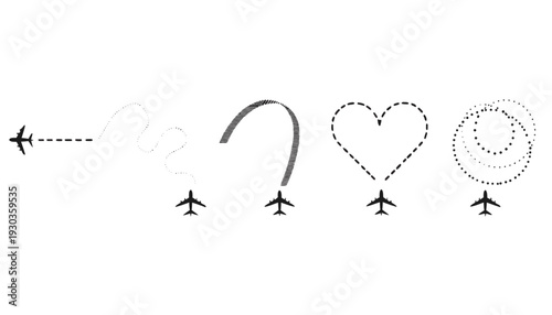 "A clean, minimalist vector illustration set on a plain white background featuring several black airplane silhouettes. Each airplane is shown at the end of a different dashed or dotted flight path lin