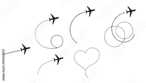 "A clean, minimalist vector illustration set on a plain white background featuring several black airplane silhouettes. Each airplane is shown at the end of a different dashed or dotted flight path lin