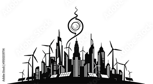 Sustainable cityscape with wind turbines and solar panels powering modern skyscrapers.