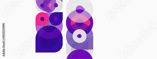 Abstract geometric shapes overlap, creating vibrant purple hues. Composition feels modern, playful, minimalist. Background is light neutral.