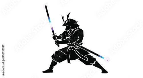 Silhouetted warrior in traditional armor wielding glowing swords with dynamic energy
