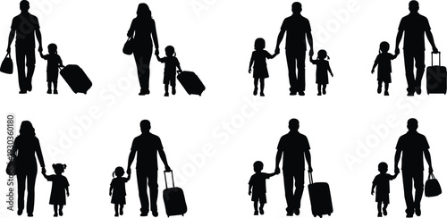 Silhouettes of families with small children walking and carrying suitcases or pulling luggage isolated on white background for travel vacation and airport transit concepts