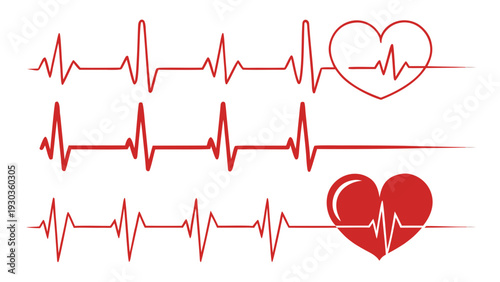"A clean, minimalist medical vector illustration on a plain white background featuring several variations of a red heartbeat EKG lifeline. The set includes two long, continuous electrocardiogram pulse