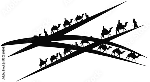 Caravan of camels and riders traversing abstract desert landscape at sunset