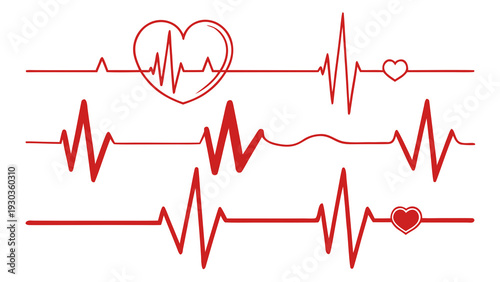 "A clean, minimalist medical vector illustration on a plain white background featuring several variations of a red heartbeat EKG lifeline. The set includes two long, continuous electrocardiogram pulse