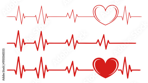"A clean, minimalist medical vector illustration on a plain white background featuring several variations of a red heartbeat EKG lifeline. The set includes two long, continuous electrocardiogram pulse