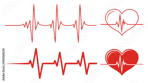 "A clean, minimalist medical vector illustration on a plain white background featuring several variations of a red heartbeat EKG lifeline. The set includes two long, continuous electrocardiogram pulse