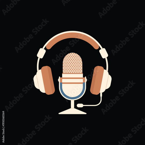 Retro Podcast Microphone and Headset Vector Audio Equipment
