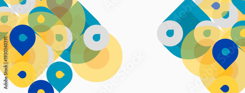 Abstract colorful shapes overlap, creating dynamic visual texture. Circles, ovals, pins form playful composition. Light background enhances vibrancy.