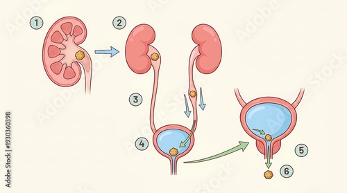 Diagram of the human urinary system and kidney stone formation and passage