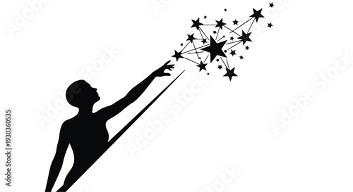 Silhouette reaching for a cascade of stars, symbolizing aspiration and dreams.