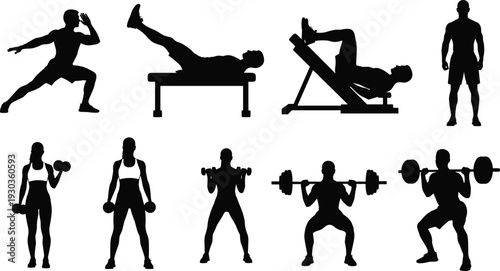 Silhouettes of male and female athletes practicing various gym exercises including weightlifting squats and bench press isolated on white background for bodybuilding and fitness