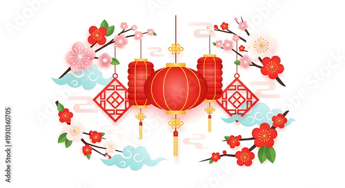 Celebratory lanterns and flowers arranged in a festive composition symbolizing joy and prosperity from a straightforward viewpoint