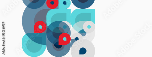 Abstract composition featuring overlapping circles, squares, varying opacity. Blue, red hues dominate white background. Modern design elements present.