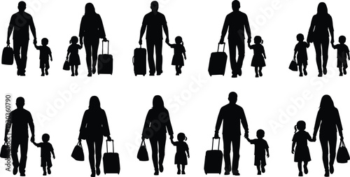 Silhouettes of parents and small children holding hands and walking together isolated on white background for family bonding love and happy childhood concepts