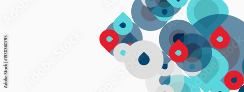 Abstract circles overlap, creating layered shapes. Blue, gray, red hues dominate white background. Modern design element.