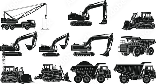 Set of heavy construction machinery vehicle silhouettes including excavators cranes bulldozers and dump trucks for industrial engineering and building projects