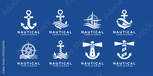 A modern nautical logo set featuring compass, anchor, and ocean waves. Perfect for maritime brands, shipping, marine travel, and marine businesses.