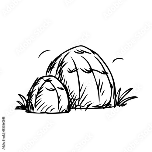 Hand-drawn haystacks sketch depicting rural farm landscape. Pencil art haystacks sketch captures rustic charm, offering vintage look with textured lines.