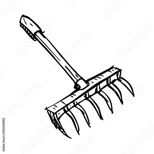 Hand drawn rake sketch of essential garden tool with curved tines. Detailed rake sketch features textured vintage look, perfect for farming or agricultural design elements.