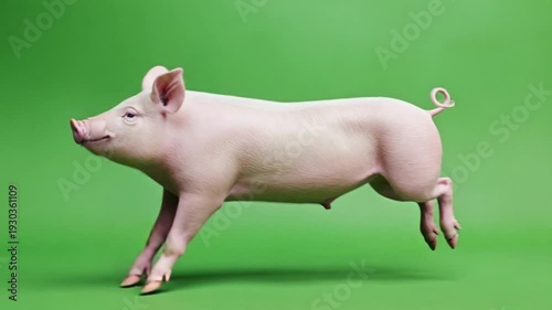Adorable pink piglet running on green background with curly tail