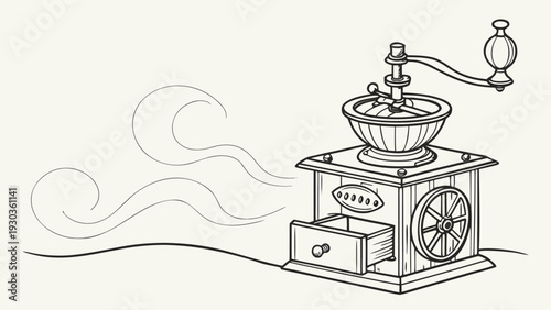 Vintage manual coffee grinder with steam rising