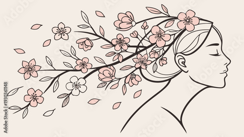 Serene woman with blossoming flowers in hair