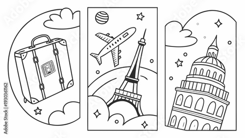 Travel icons set with landmarks and luggage