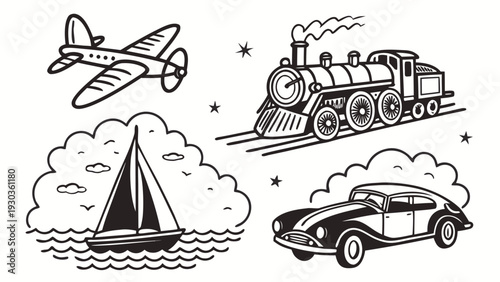 Vintage transportation modes in black and white