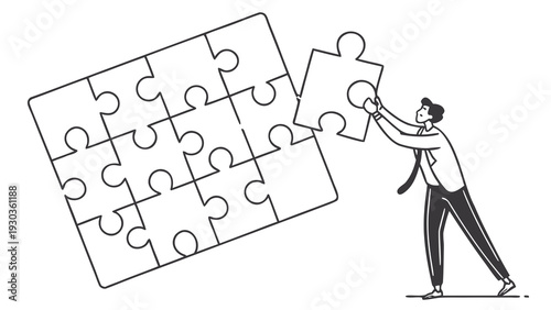 Businessman completing jigsaw puzzle representing problem solving
