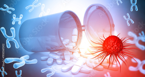 Photos 3D medical illustration of a malignant cancer cell being targeted by various oncology pharmaceutical capsules and pills on a glowing scientific blue background
