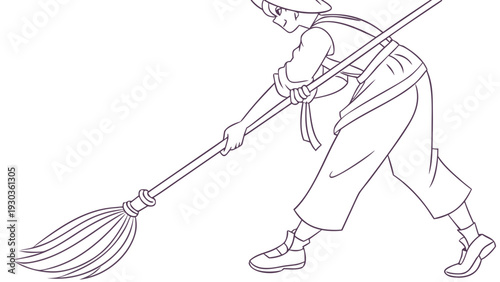 Man diligently sweeping with a traditional broom