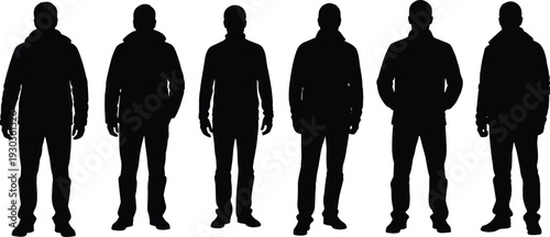Set of six diverse men silhouettes wearing casual winter jackets and trousers standing in a row on a white background