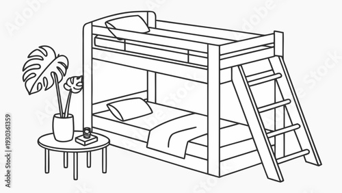 Modern bunk bed with plant and table in minimalist room