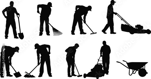 Silhouette of Professional Gardeners and Landscapers Working with Lawn Mower Rake Shovel Wheelbarrow and Tools for Yard Maintenance and Outdoor Landscaping