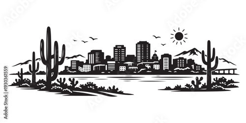 Arizona Skyline Silhouette, Vector Illustration, Isolated on White Background