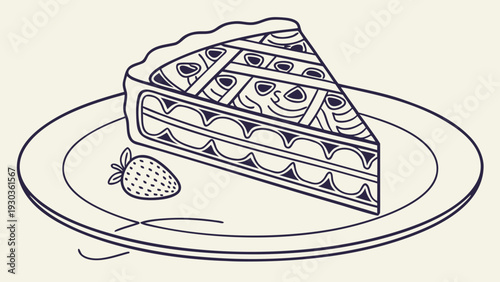 Delicious slice of cake with strawberry on plate