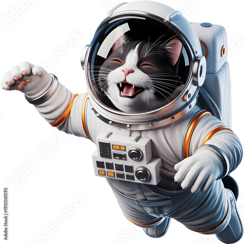 Smiling cat astronaut happily floats in a space suit on transparent background