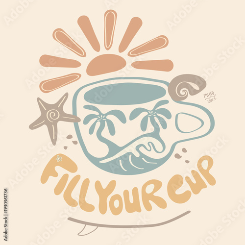 Hand-drawn boho-style cup illustration with sea waves, palms, and sun in pastel earthy tones. Ideal for trendy summer stickers, graphic tees, modern wall decor, and beach-themed merchandise.