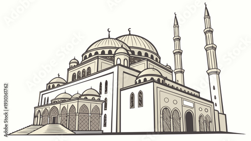 Majestic mosque with domes and minarets standing tall