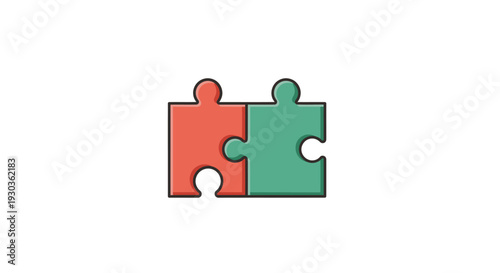 Two interlocking puzzle pieces in contrasting colors symbolizing teamwork, partnership and problem solving strategy. Minimal flat vector illustration with bold shapes and clean background suitable for