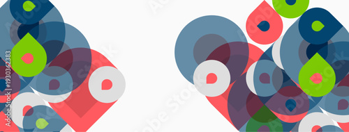 Abstract composition featuring overlapping circles, various colors, simple shapes. Clean design, modern aesthetic, balanced symmetry.